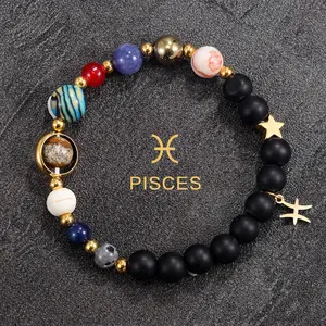 Pisces 12 Constellations & Eight Planets Universe Natural Stone Bracelet for Feb 19 - Mar 20 Compassion & Imagination Astrological Accessory
