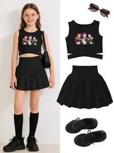 Girls' Casual Street Style Kpop Print Crop Top Set, Sleeveless Criss Cross Design, Perfect for Summer Holidays, Outdoor Sports Wear, Athletic Sportswear