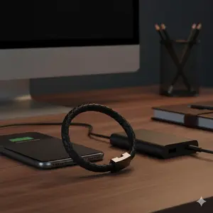 Fast Charging USB-C Braided Wristband Cable - Durable Leather Strap Charger, Portable Wearable Charging Bracelet for Everyday On-the-Go Power Needs