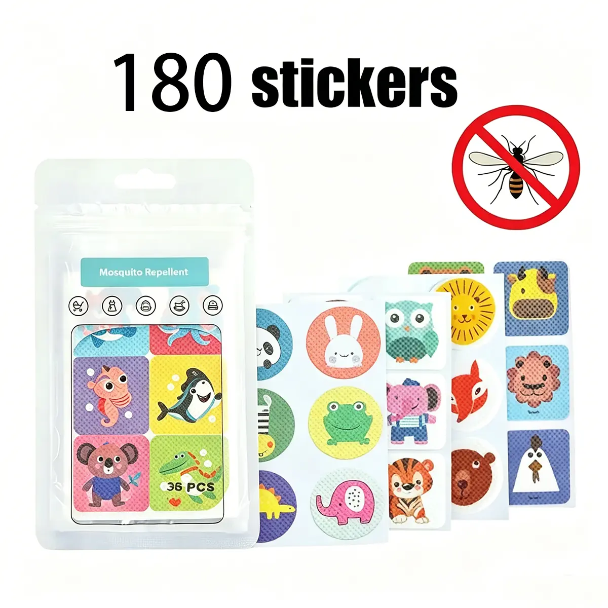 180PCS Mosquito Repellent Patches for Kids & Family, Random Cartoon Bug Stickers with Plant Essential Oils, Portable Outdoor Protection for Camping Travel Summer
