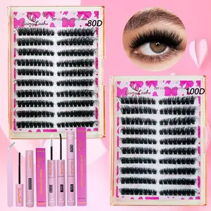 Mixed Length Eyelash Extensions Kit, Eyelash Set, 2 Boxes 3D False Eyelashes DIY Dramatic Lashes with Lash Glue & Tweezers & Lash Remover, Eye Makeup Accessories for Women, Cosmetic