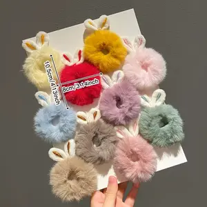 10-piece set of cute plush bunny ear hair ties in random colors for women's daily wear