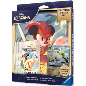 Disney Lorcana Collectible Card Game, Starter Kit with 4 Booster Packs, 1 Card Holder, 1 Glimmer Foil Promo Card, 1 Collector's Guide