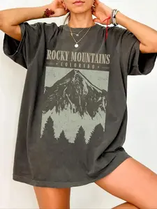 Rocky Mountains Colorado Vintage Mountain Graphic T-Shirt, Retro National Park Print Tee, Acid Wash Oversized 【100% cotton】 Shirt, Mountain Pine Tree Casual Short Sleeve Top, Boho Hiking Camping Cotton Tee for Outdoor Adventure Outfits