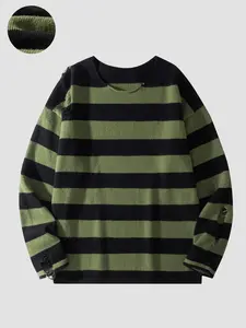 Autumn and winter new trend men's round neck long sleeve sweater Pullover, stripe color-blocking design Striped, street fashion hole style Distressed, suitable for indoor leisure occasions fashion and versatile, neutral style, unisex.