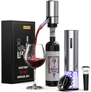 Rechargeable Electric Wine Opener Gift Set - Aerator, Vacuum Stoppers, Foil Cutter and Bottle Opener for Home Bar and Outdoor Parties, Stainless Steel
