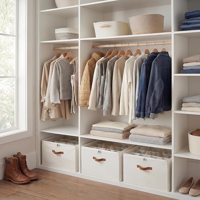 Large Shoe Storage Bin for Closet, Shoe Organizer Box Fits up to 16 Pairs, Collapsible Fabric Shoe Basket w/Clear Cover, Adjustable Dividers & Reinforced Handles