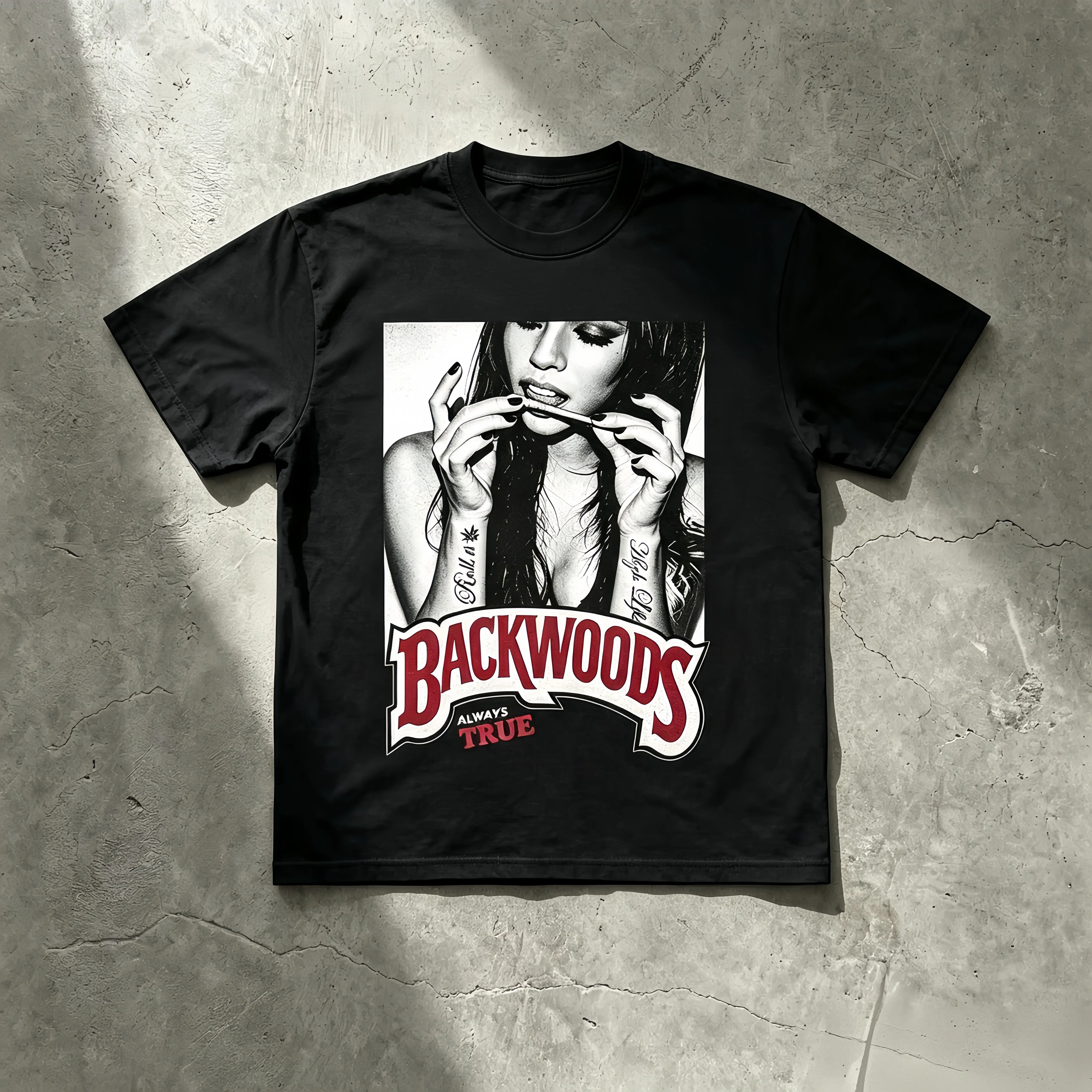Cool "Backwoods" printed black oversized baggy T-shirt, 100%25 cotton crew neck short sleeve boxy graphic tee for men-summer streetwear, Y2K festival skater casual outfits graphic tees