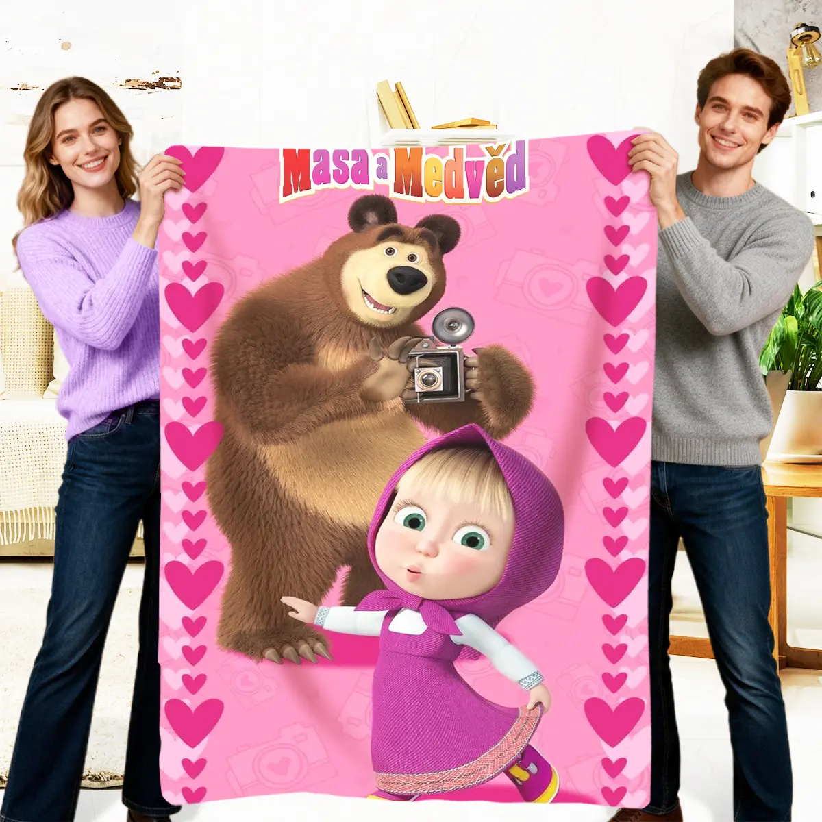 3D Martha and Bear Cartoon Print Soft Flannel Fleece Decorative Blanket, Single-Sided Bedding Throw, Warmth-Focused Bedroom Decor, Giftable Blankets