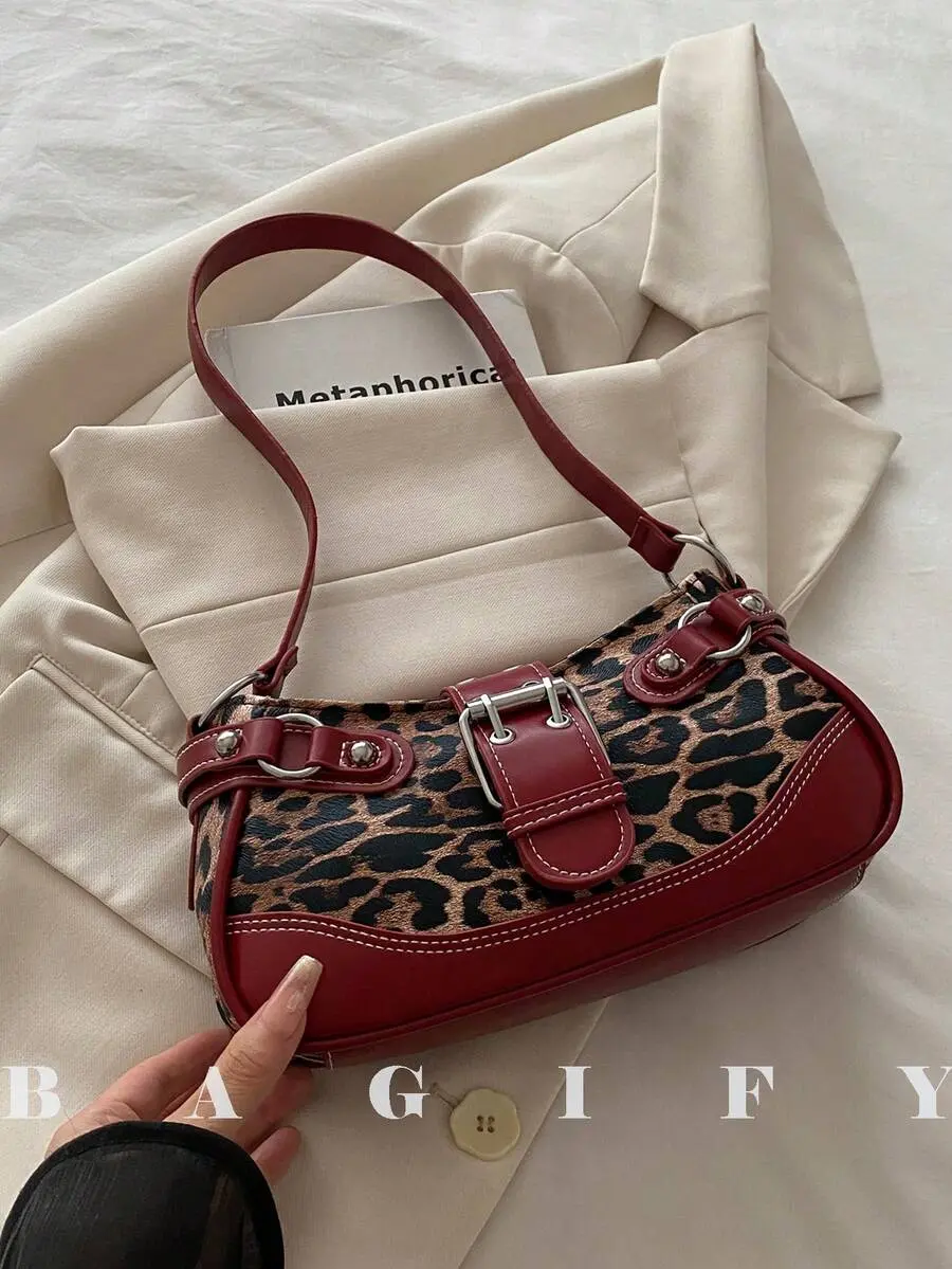 Leopard Print Shoulder Bag for Women, Fashion Buckle Handbag for Party, Vacation, Shopping, Daily Use