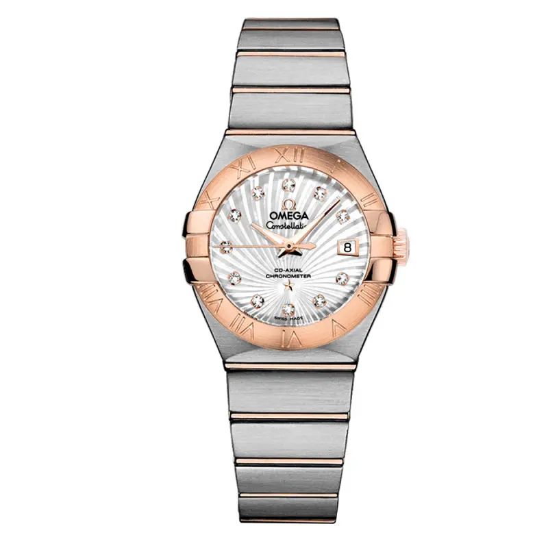 Omega Constellation 27mm 123.20.27.20.55.001 Automatic Two-Tone 18K Red Gold and Stainless Steel White Mother-of-Pearl Diamond Dial Ladies Watch WHT031578