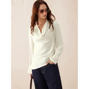 Cider Satin Cowl Neck Asymmetrical Hem Long Sleeve Blouse SwimWeek