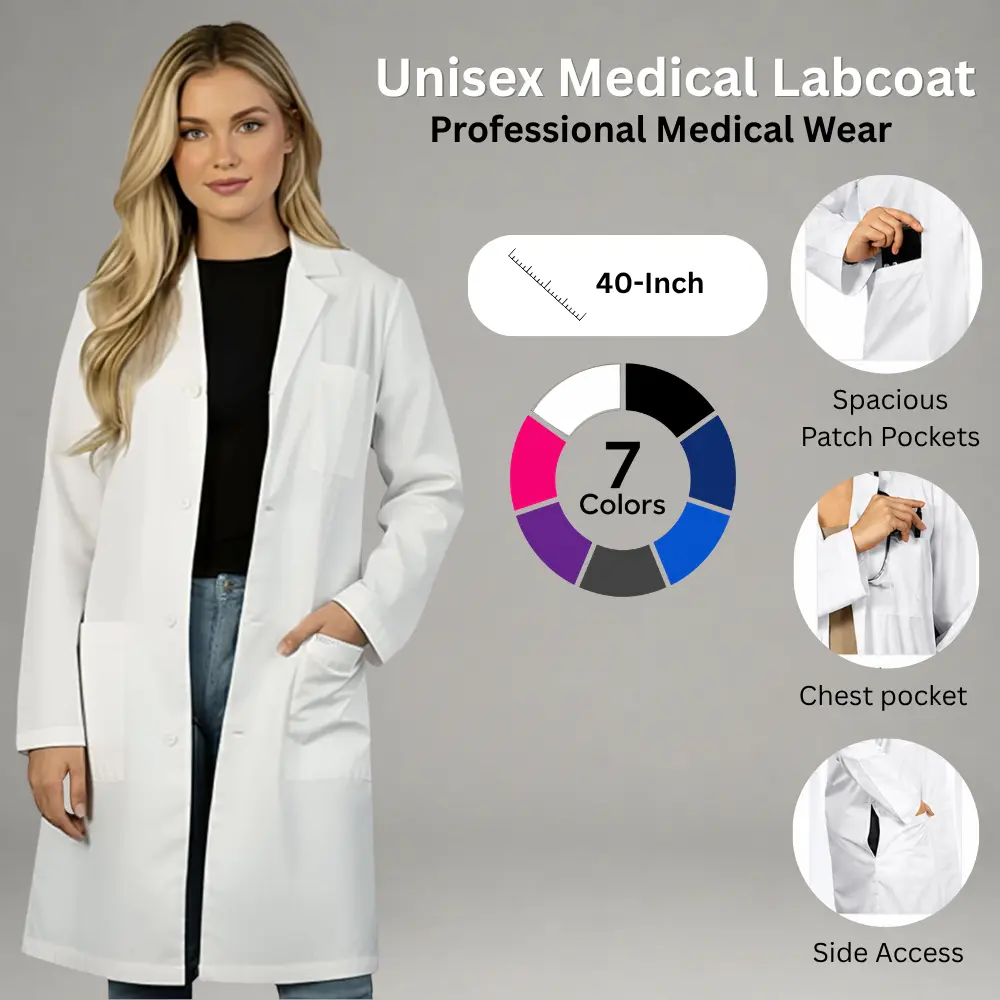 HEEDFIT Premium Quality Unisex Lab Coat, Ultra-Comfortable Poly-Cotton 40” Long Doctor Lab Coats with 3 Pockets and Pen Slot