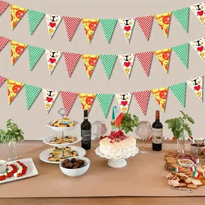 3 Pcs Italian Pizza Banner Pizza Themed Pennant Garland Red Green Gingham Pennant Banner Pizza Theme Triangle Bunting Flag Banners for BBQ Picnic Cooking Theme Baby Shower Birthday Party Supplies