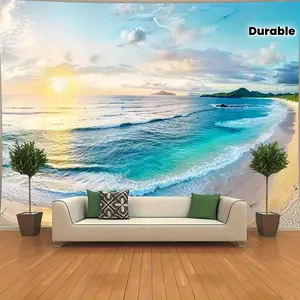 Extra-Large Ocean View Tapestry - Blue Sky & Sea Landscape Wall Hanging, Woven Polyester Fabric with Vibrant Sunset Waves & Mountain Scenery, Horizontal Indoor Decor for Living Room, Bedroom, Office - No Power Needed, Durable & Easy to Clean, Ocean Theme
