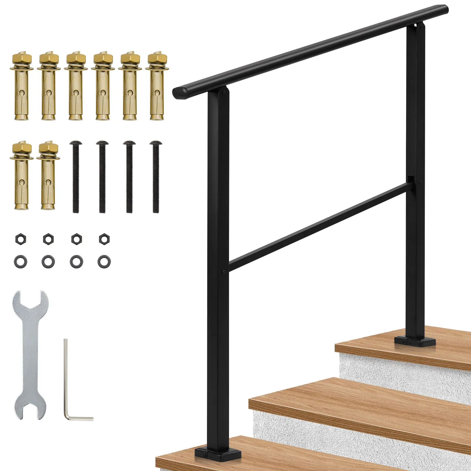 🖤 Secure your steps in minutes! Matte black stair railing fits 1-2 concrete or wooden steps — all hardware included.