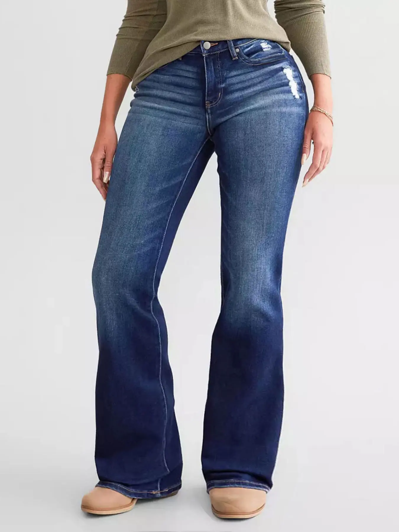 Women Mid Rise Stretch Flare Jeans, Vintage Wash Hip Lifting Denim Pants with Embroidered Back Pockets, Retro Western Style Bootcut Trousers for Daily Casual Wear
