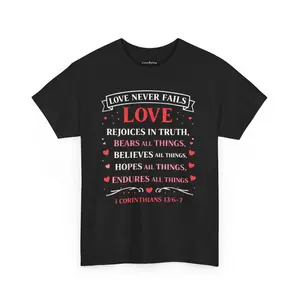 Love Never Fails T-Shirt — 1 Corinthians 13:6-7 Christian Faith Tee