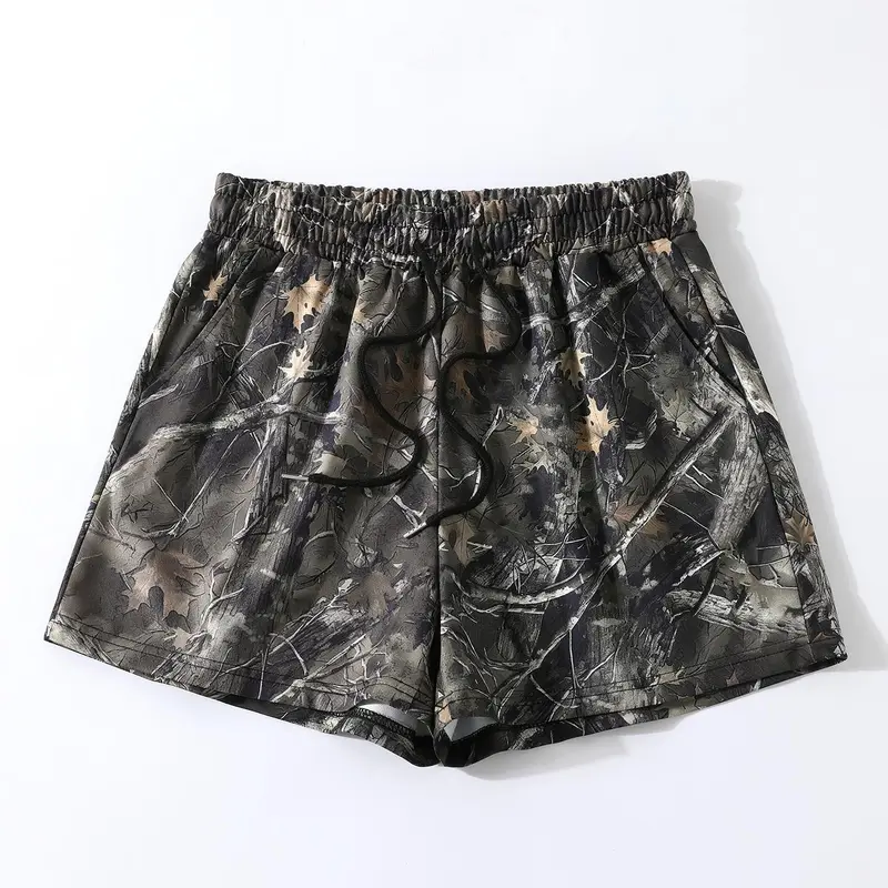 Women's Solid/ Plants Print Drawstring Adjustable Loose Fit Baggy Knit Shorts Fabric, Casual Comfy Breathable Shorts for Daily Wear, Ladies Bottoms for Summer, Loose Fitting Shorts