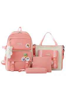 Back-To-School Four-Piece Backpack Set, Large Capacity Shoulder Bag, Tablet Laptop Tote, Stationery Storage Kit, Cute Cartoon Badges, Backpack For School