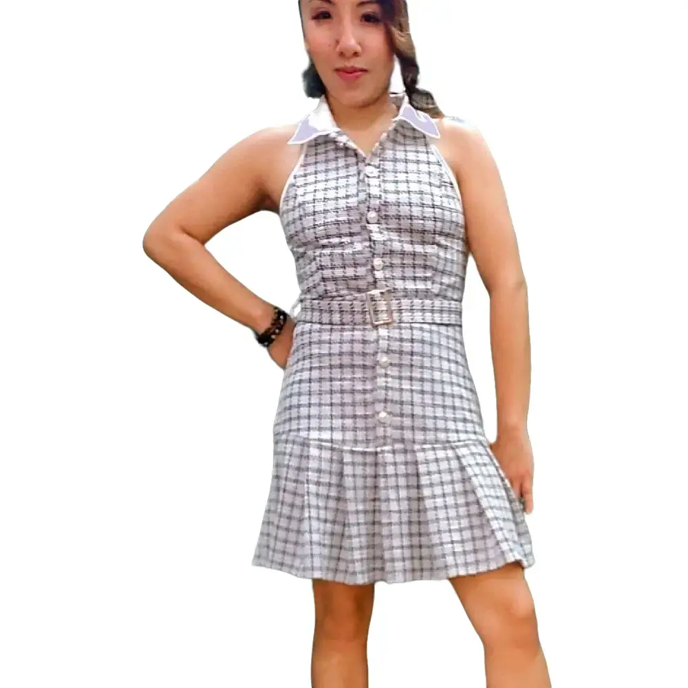 Women's Elegant & Fashionable Plaid Texture Lapel Sleeveless Vest Dress With Pleated Hem And Waist Tie