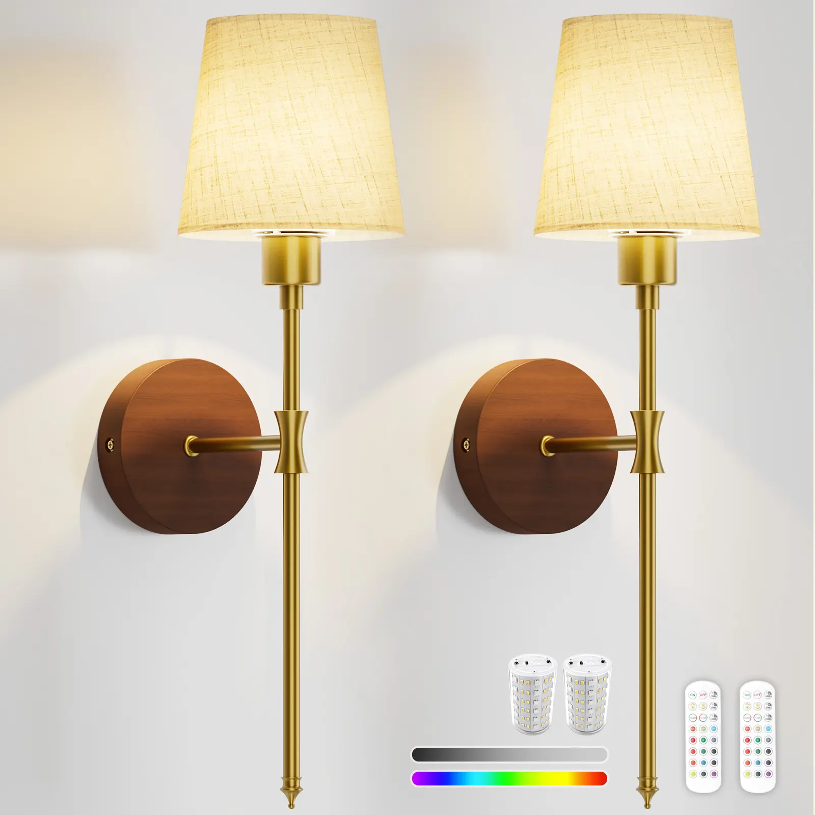 BLITZHOME Battery Operated Wall Sconce Set of 2, Wireless Wall Lamp, 10000mAh Type-C Rechargeable LED Bulbs with Remote, 15 Light Colors, Dimmable, Timer, No-Drill Adhesive, for Bedroom Bedside, Living Room, Hallway, Reading Nook (Wood Base)