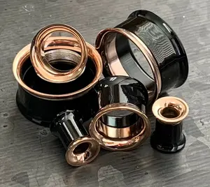 PAIR of Beautiful Black and Rose Gold Internally Threaded Tunnels/Plugs - Gauges 2g (6mm) thru 3/4" (19mm)