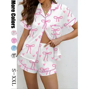Valentine's Day, Women's Bow Printed Pajama Set, Casual Shirt Collar Soft Top and Elastic Shorts, Four Seasons Comfortable Home ClothesRAIMENTRY
