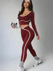 Women's Spring Sportswear 2 Piece Outfit Knitted Elastic Long Sleeve Top and Colorblock Patchwork Pants Set for Workout Running Gym Casual, Basic, Comfort, Versatile, Wear, Style, Essential, Trendy, Chic