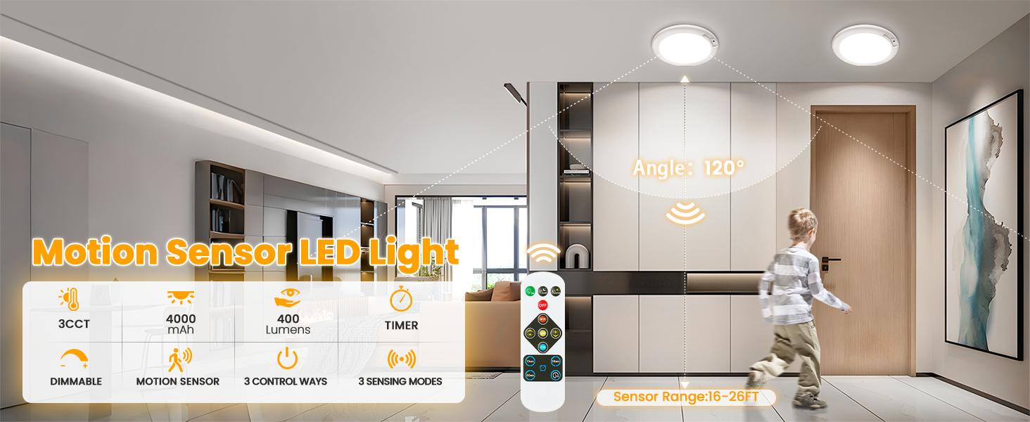 2-PACK Rechargeable Motion Sensor LED Ceiling Light with Remote, Wireless Battery Operated 3CCT Dimmable Closet Lights for Shower Pantry