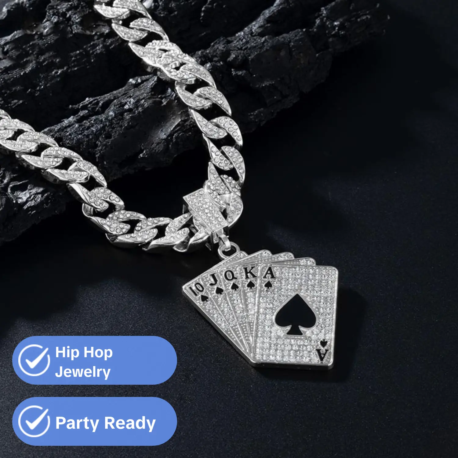 Male Stainless Steel 10JQKA Pendant Cuban Link Rope Necklace - Silver Costume Jewelry, Necklaces for Boyfriend, Daily Outfit Coordination, Party Gift for Men's Birthday，chains for men，man gift，hip hop jewelry，neck jewelry，cuban style， hip hop jewelry，