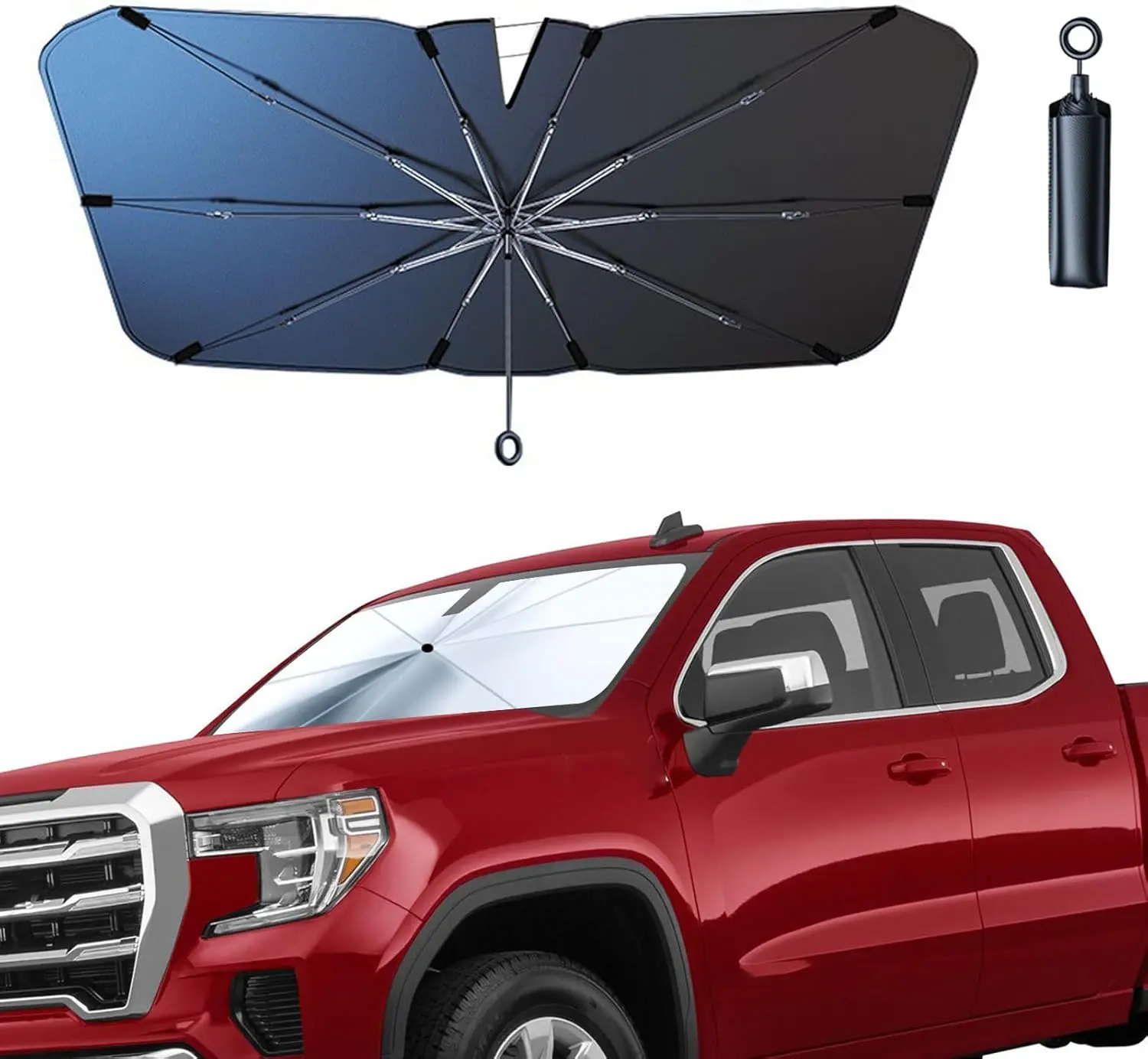 Front Windshield Sun Shade with Pull Cord, Umbrella Sun Shade for Windshield, 2026 Car Umbrella Front Sun Shades Cover for Pickup/Large SUV/Truck/Minivan (150x82cm)
