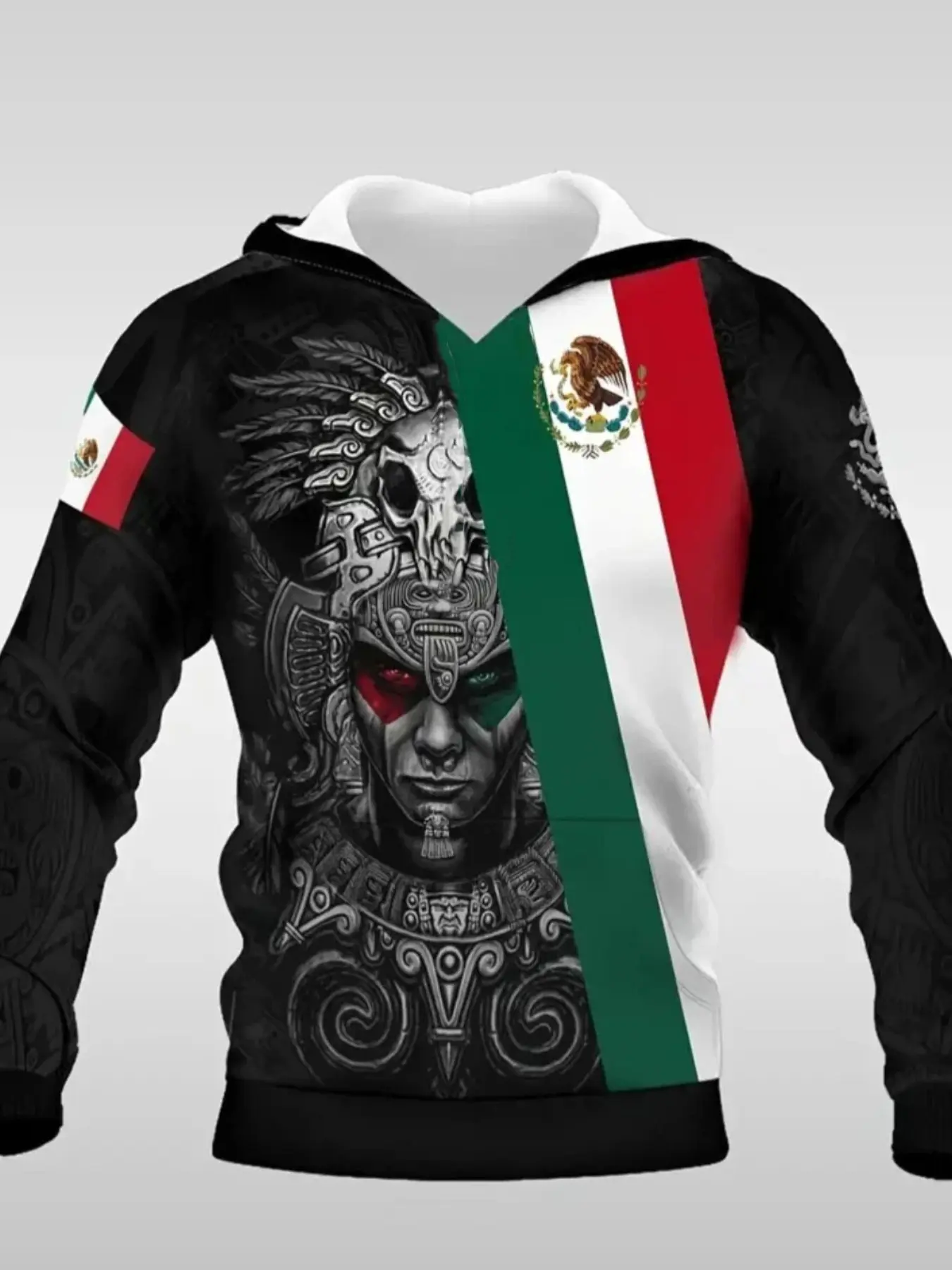 Men's 3D Casual Hoodie Long Sleeve - Retro Mexican Eagle 3D Print Cultural Graphic Street Style Pullover, Geometric Pattern Sweatshirt with Mexican Flag Colors, Unisex Regular Fit, Machine Washable