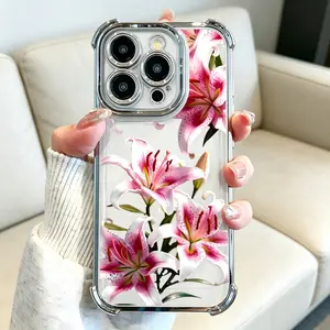 Cute Pink Lily Design Phone Case , Electroplated Cover with Airbag Shockproof Soft TPU Cover for iPhone X XS 11 12 13 14 15 16 17 Pro Max Plus Air , Girly Flower iPhone case