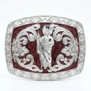 San Judas Tadeo Belt Buckle - Hebilla de San Juditas, Silver Western Cowboy Rodeo Style, Maroon Background, Mexican Religious Jewelry for Men
