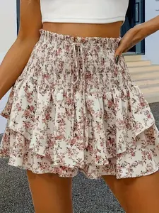 Women's Floral Print Woven Frill Trim Shirred Tiered Layer Shorts, Casual Lightweight Loose High Waist Tie Front Drawstring Wide Leg Shorts for Spring & Fall, Women's Bottoms for Daily Wear, Womenswear