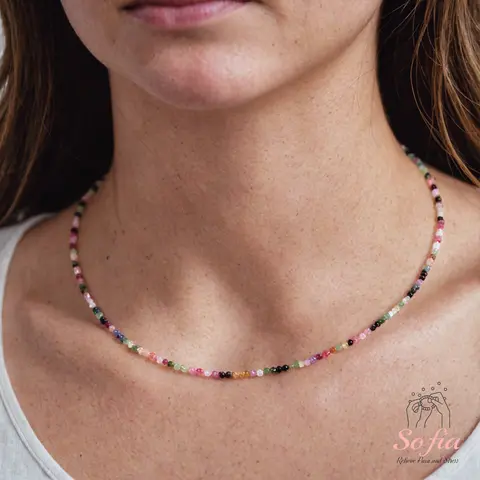 Female Natural Rainbow Tourmaline Beaded Choker Necklace - Tiny Faceted Multicolor Gemstone, Waterproof Crystal, 15 in, Handmade Adjustable Dainty Minimalist Daily Wear Necklace, Gift for Her