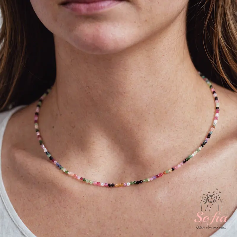 Female Natural Rainbow Tourmaline Beaded Choker Necklace - Tiny Faceted Multicolor Gemstone, Waterproof Crystal, 15 in, Handmade Adjustable Dainty Minimalist Daily Wear Necklace, Gift for Her
