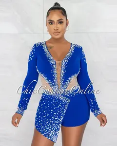 *Sebban Royal Blue Rhinestones Mesh Accent Romper