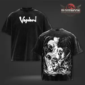 Vintage Washed Vagabond Samurai Sketch Back Print Oversized Heavyweight Cotton Graphic T-Shirt Streetwear Double Print Unisex