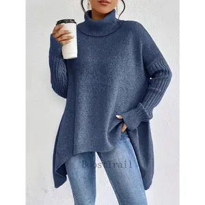 Women’s Stylish Gray Turtleneck Sweater - Soft Ribbed Long Sleeve Pullover, Casual Loose Fit Knit Top for Everyday Comfort