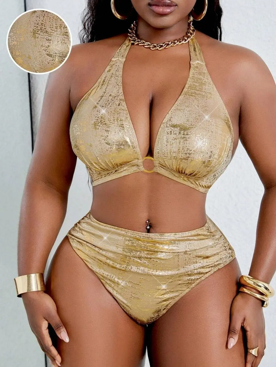 Plus Size Metallic Two-Piece Bikini - Sexy Beach Vacation Swimwear Summer