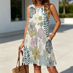 Women's S-5XL Sleeveless Swing Dress, Boho Vintage Pastel Floral Leaf Print Round Neck Loose Casual Tunic Dress With Side Pockets