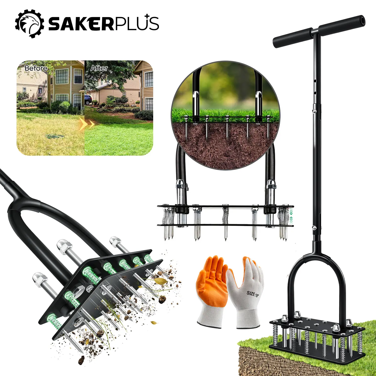 Sakerplus Spring-Loaded Lawn Aerator | Upgraded Self-Cleaning & No-Clog Design | 15 Sharp Spikes for Deep Soil Relief | Professional Lawn Care Tool
