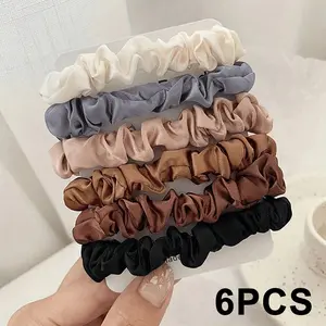6 Pcs Silk Satin Skinny Scrunchies for Hair, Thin Elastic Hair Ties No Damage, Small Ponytail Holders for Women Girls, Neutral Earth Tone Hair Bands Accessories for All Hair Types