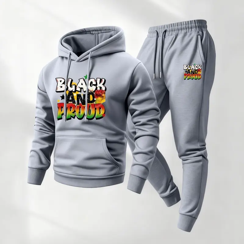 Men's Black And Proud Hoodie and Drawstring Sweatpants Set, Menswear, Casual Athletic Long Sleeve Hooded Jacket & Trousers for Fall & Winter, Men's Clothing for Daily Wear, Sportswear Indoor Outdoor, Tracksuit, Athleisure Summer Clothes