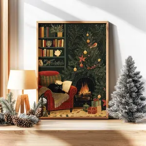 Christmas Cat by Fireplace Art Print – Cozy Holiday Wall Art, Vintage Christmas Decor, Cat Lover Gift, Reading Nook Illustration