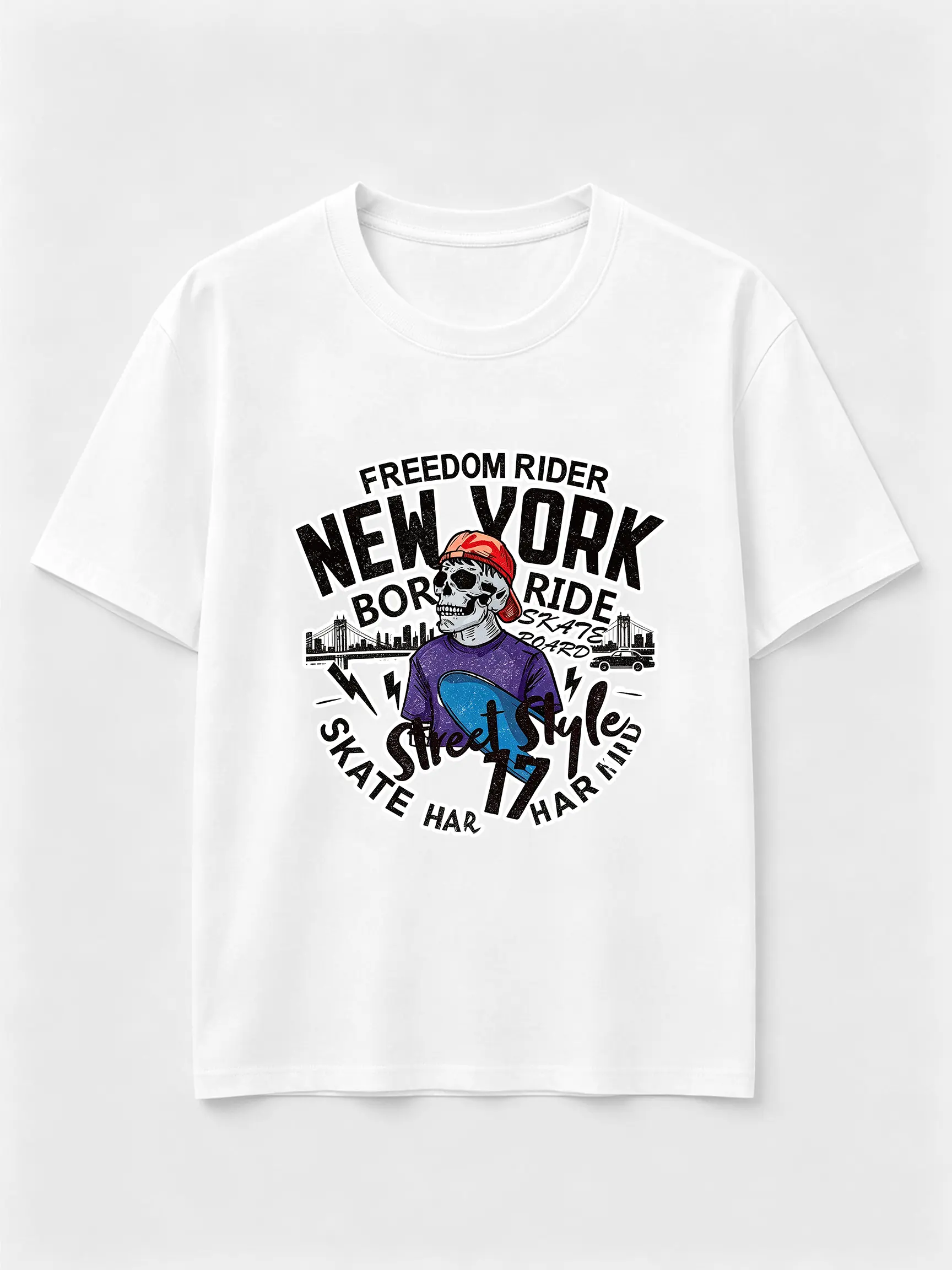 New York Street Skate Skeleton Graphic T Shirt, Urban Streetwear Hip Hop Tee, Short Sleeve Cotton Shirt For Men Women