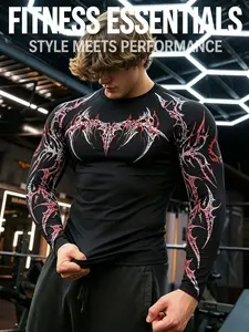 Men's Gothic Thorn Print Long Sleeve Sportswear, High Elasticity Quick-Dry Compressive Fabric, Slim Fit Muscle-Enhancing Design, Compression Workout Shirts, Gym Sportswear