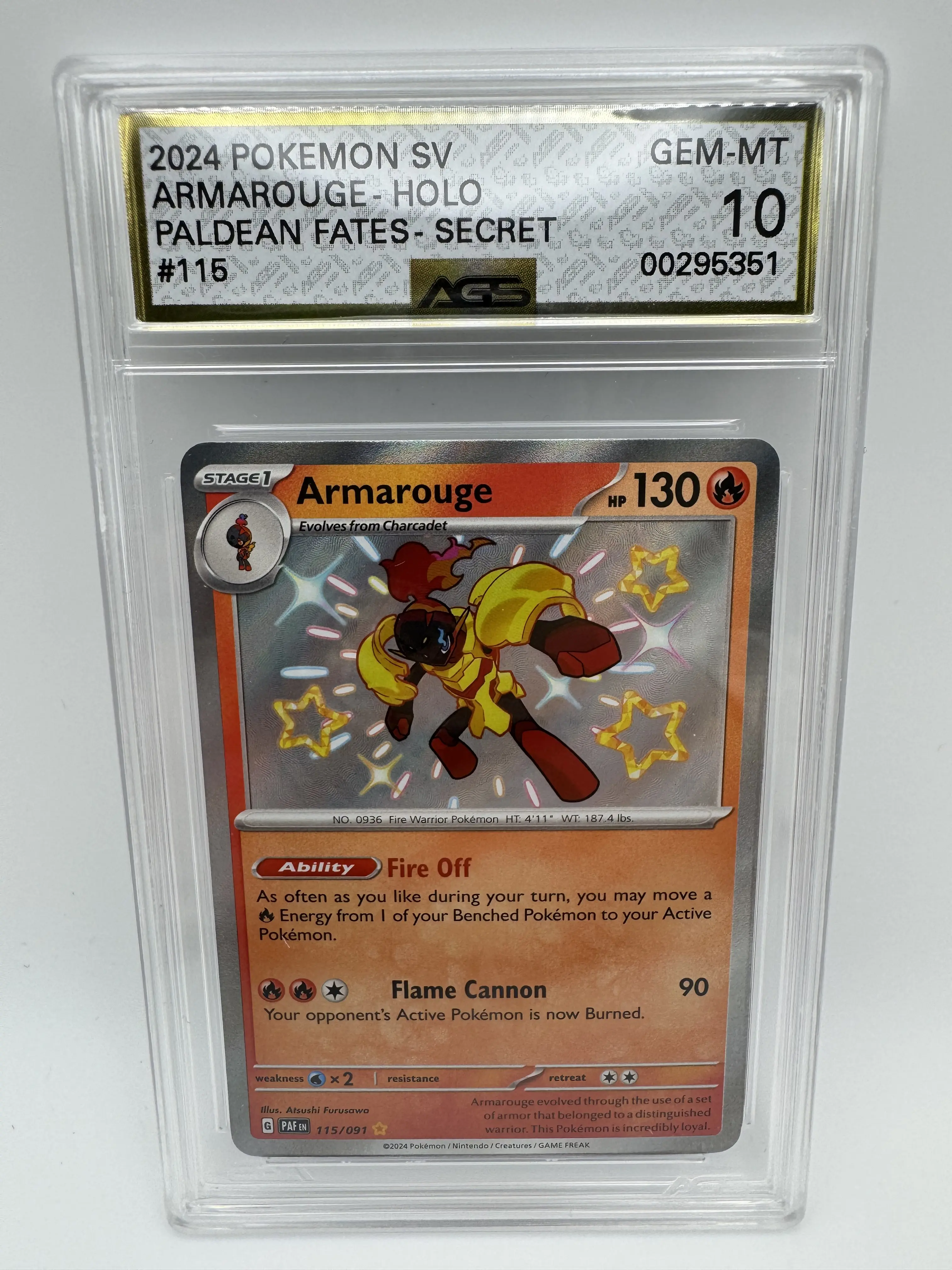 Graded AGS 10 Armarouge "TINY SHINY" 2024 Paldean Fates 115 Holographic Pokemon Card